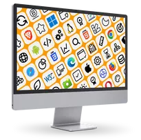 49 Icons aus dem Bereich Webentwicklung, präsentiert auf einem Desktop-Monitor.