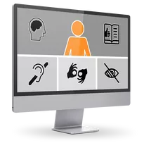 Piktogramme zur Kennzeichnung von Barrierefreiheit, angezeigt auf einem Monitor.