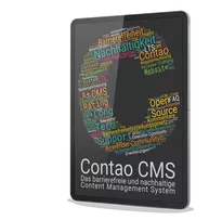 Typografisches Contao CMS Plakat, abgebildet auf einem Tablet im Hochformat.