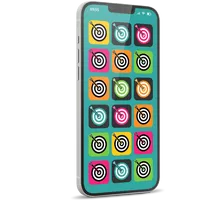 Zielscheiben mit Pfeil auf 18 bunten Kacheln, dargestellt auf einem Smartphone.